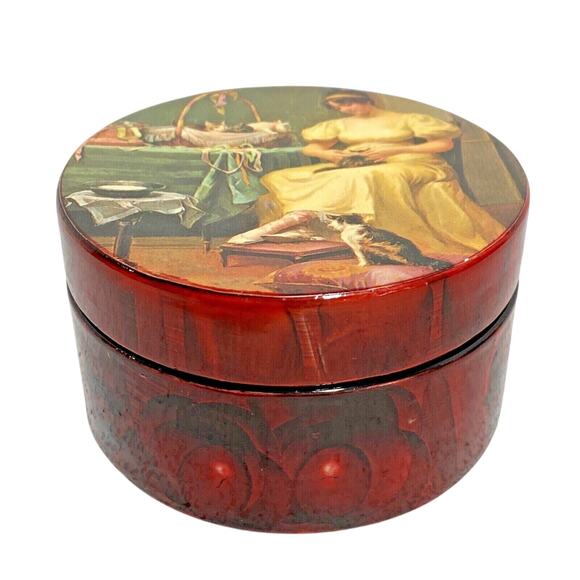 Vintage Y2K trinket Jewelry box round mahogany lacquerware cottage core romantic - Picture 1 of 7